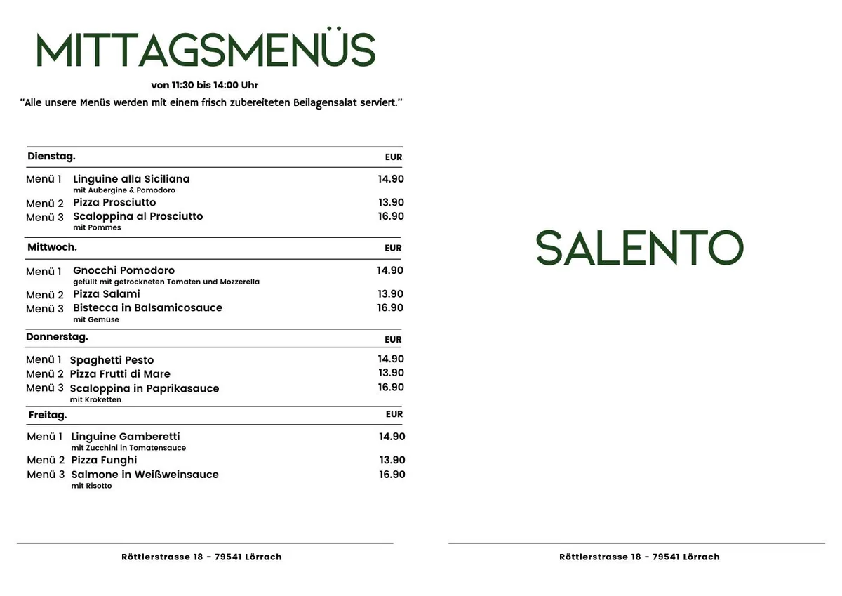 Vorschau des aktuellen Salento Mittagsmenüs